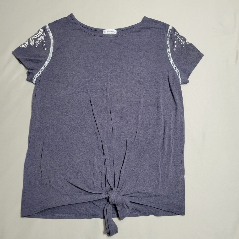 Thyme & Honey Women's Blue Shirt With Floral Embroidered Sleeves Size Large